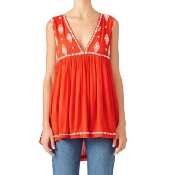 Free People Boho Embroidered Babydoll Tank Top Orange Festival Summer - Picture 10 of 12